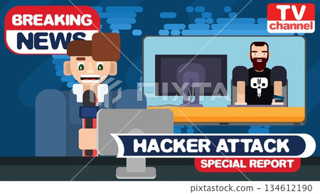 A journalist reports the computer attack internet. A journalist reports the computer attack internet. 134612190