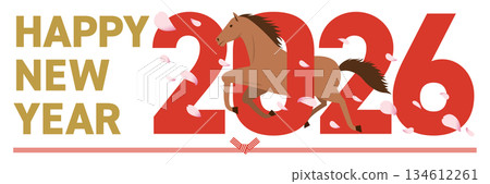 Happy New Year's card with a horse and falling cherry blossoms in the image of 2026_horizontal 134612261
