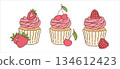 Set of cupcakes with strawberries, cherries and raspberries. Isolated vector illustrations for poster, banner, postcard, advertising, menu, packaging. 134612423