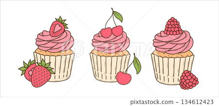 Set of cupcakes with strawberries, cherries and raspberries. Isolated vector illustrations for poster, banner, postcard, advertising, menu, packaging. 134612423