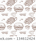 A seamless pattern featuring burgers, fries, sauces, and various fast food elements, created using a digital outline style with subtle etching. This repeating vector background is suitable for menus 134612424