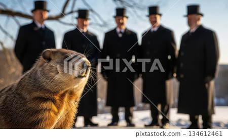 Groundhog Day celebration with woodchuck and men in top hats. Winter festival and spring prediction. 134612461