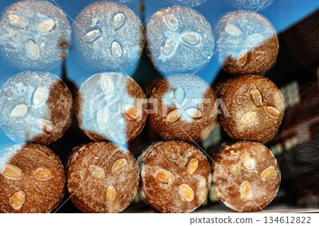 Stacked round gingerbread cookies behind the Christmas market glass display reflecting the domes of Neumunster church and rooftops in Wurzburg, Germany. 134612822