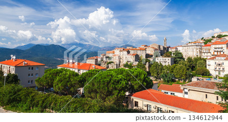 Panoramic summer landscape of Corsica, France. Sartene old town Panoramic summer landscape of Corsica, France. Sartene old town 134612944