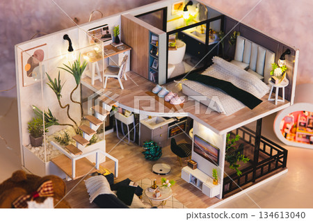 Tiny two-story roombox with backlight on the table Tiny two-story roombox with backlight on the table 134613040
