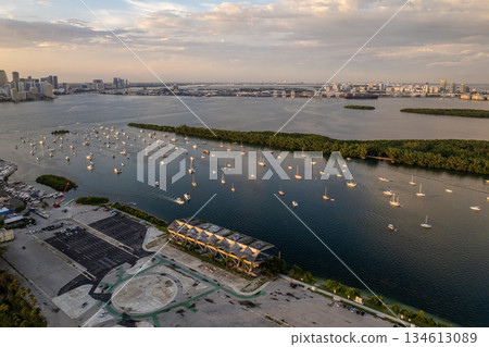 Yachts and sailboats docked in Biscayne Bay harbor near Virginia Key in Miami, Florida. USA travel destination 134613089