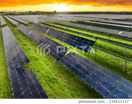 View from above of photovoltaic power plant with many rows of solar panels for producing clean electrical energy. Concept of renewable electricity with no air pollution 134613137