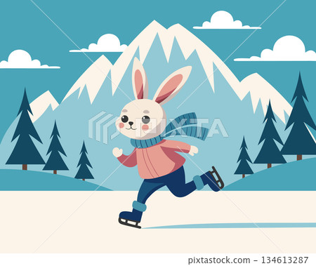Cute rabbit  ice skating in a snowy mountain landscape. Card, illustration. 134613287