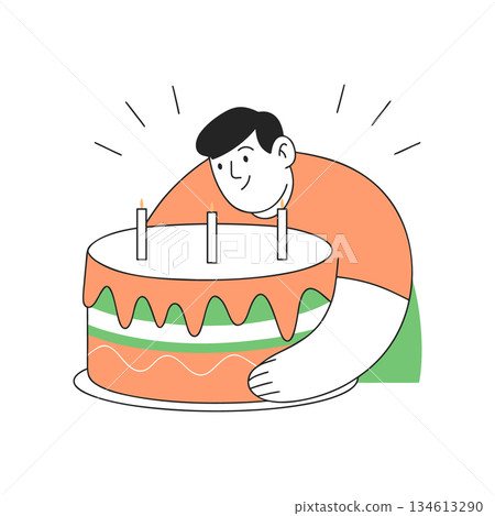 Man with a cake and lit candles. A smiling man holds a birthday cake. Doodle illustration. Man with a cake and lit candles. A smiling man holds a birthday cake. Doodle illustration. 134613290