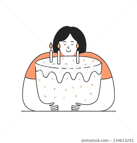 Cute girl with birthday cake. Smiling person holding a festive cake. Doodle illustration. Cute girl with birthday cake. Smiling person holding a festive cake. Doodle illustration. 134613291