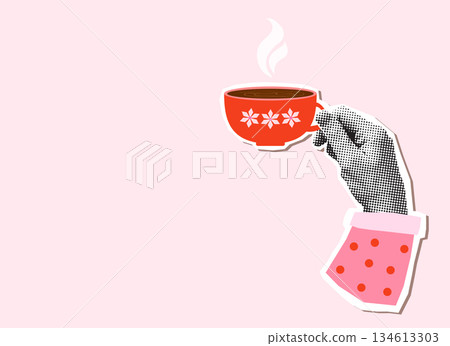 Hand holding a cup of warm coffee with steam on pink background, Fun vector halftone collage for coffee shop advertisements 134613303