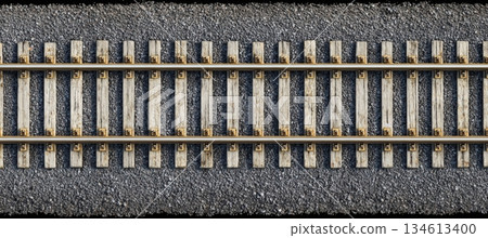 Symmetrical Top-Down View of Parallel Railway Tracks with Gravel and Rail Ties 134613400