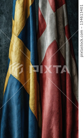 Sweden and Denmark Flags Crossed with Detailed Textile on Dark Backdrop 134613401