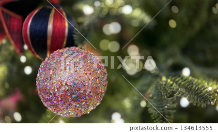 Festive christmas and new year celebration with colorful baubles and greenery. Horizontal banner. Copy space 134613555