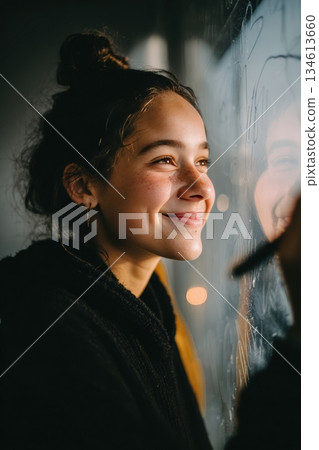 Teenage Girl Smiling While Drawing on Foggy Window in Soft Daylight 134613660
