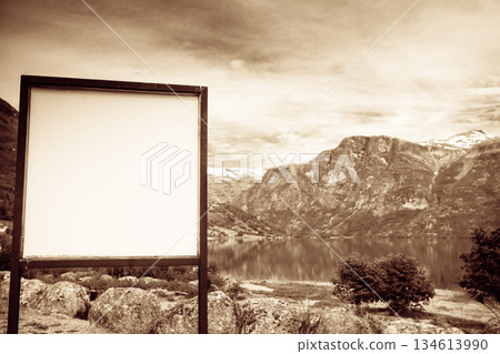 Empty board in mountains nature, Norway 134613990