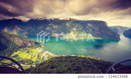 View of the fjords at Stegastein viewpoint in Norway View of the fjords at Stegastein viewpoint in Norway 134613996