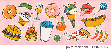 Retro street food sticker set with donuts, hot dogs, burgers, cupcakes, pizza, ice cream, wine, fruit and candy in playful cartoon style for fun vector designs and decorative packs Retro street food sticker set with donuts, hot dogs, burgers, cupcakes, pizza, ice cream, wine, fruit and candy in playful cartoon style for fun vector designs and decorative packs 134614017