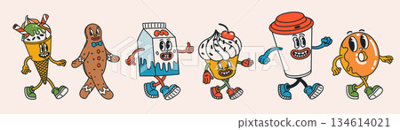 Groovy food and coffee characters in retro cartoon style with walking ice cream, gingerbread, milk box, cupcake, coffee cup and donut. Fun vintage illustration for stickers, packaging and branding Groovy food and coffee characters in retro cartoon style with walking ice cream, gingerbread, milk box, cupcake, coffee cup and donut. Fun vintage illustration for stickers, packaging and branding 134614021