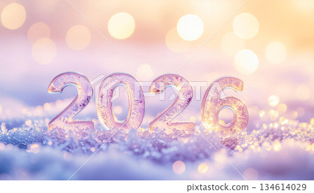 Happy New Year 2026 ice number standing on snow with golden bokeh lights. Winter holiday celebration background. Frozen 3D text concept for calendar or greeting card. 134614029