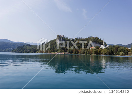 Amazing view of Bland lake with hills, forest, rocks with a castle and a church on the mountain. Travel in Slovenia. Clear water in the lake and mountain landscape 134614220