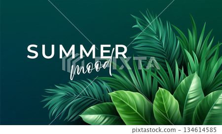 Summer Mood Leaves Come Alive. Tropical Foliage Sets Calm Tone. Gallery Ready vector illustration background Summer Mood Leaves Come Alive. Tropical Foliage Sets Calm Tone. Gallery Ready vector illustration background 134614585