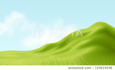 Lush green rolling hills meet a clear blue sky in a calm, vibrant landscape Lush green rolling hills meet a clear blue sky in a calm, vibrant landscape 134614596