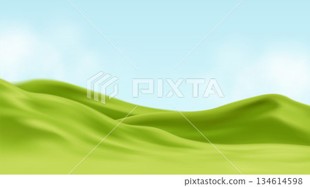 Soft green hills roll beneath a clear blue sky, creating a peaceful, open landscape Soft green hills roll beneath a clear blue sky, creating a peaceful, open landscape 134614598