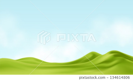 Tranquil green hills stretch across a bright blue sky, evoking freshness and peace Tranquil green hills stretch across a bright blue sky, evoking freshness and peace 134614806