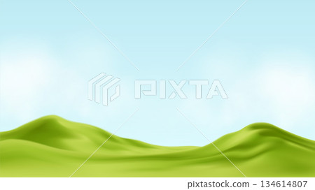 A serene green hill landscape under a bright blue sky with soft clouds, ideal for nature and outdoor themes A serene green hill landscape under a bright blue sky with soft clouds, ideal for nature and outdoor themes 134614807