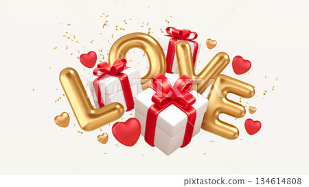 Love And Gifts Glow With Gold Letters And Balloons By Design. Romantic Celebration With Presents, Hearts, And Festive Decor For Friends And Family. Vector Illustration Background. Love And Gifts Glow With Gold Letters And Balloons By Design. Romantic Celebration With Presents, Hearts, And Festive Decor For Friends And Family. Vector Illustration Background. 134614808