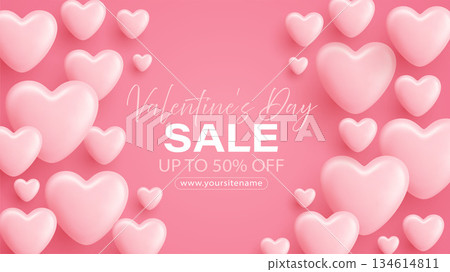 Pink 3D heart balloons floating on white background. Valentines Day romantic decoration with glossy heart shapes. Love celebration design with cute festive elements 134614811