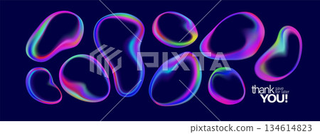 Abstract fluid shapes with transparent gradient textures. Colorful glass spheres and soap bubbles create dreamy crystal effects featuring purple, pink, and blue tones on clean backdrop Abstract fluid shapes with transparent gradient textures. Colorful glass spheres and soap bubbles create dreamy crystal effects featuring purple, pink, and blue tones on clean backdrop 134614823