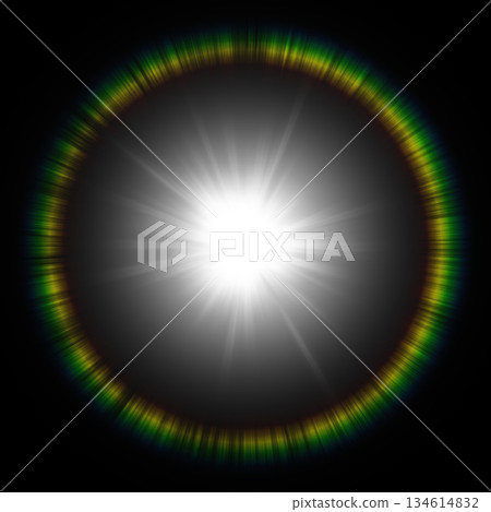 Circular light of shining sunlight and rainbow lens flare on black background Circular light of shining sunlight and rainbow lens flare on black background 134614832