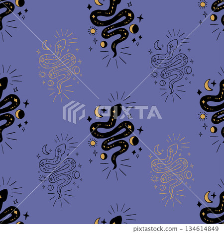 Astrology Seamless Pattern with Mystical Snake and Moon, Sun on Violet Background. Repeating cosmic Textured Hand Drawing Doodle. Vector illustration for magic, esoteric, mysterious design. Not AI 134614849