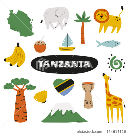 Tanzania Icon Set. Cute Tanzanian Symbols, Nature Elements. Travel Vector Illustration for Prints and Posters 134615116