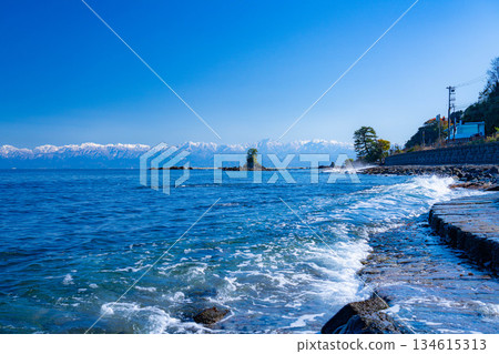 [A winter tradition] A clear winter day on Amaharashi Coast and the snow-capped Tateyama mountain range [Toyama Prefecture] 134615313