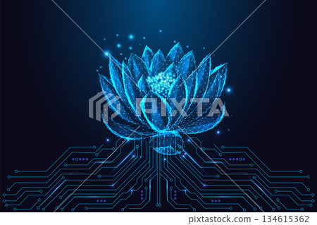 Digital low-poly lotus flower above circuit board symbolizing tech wellness and innovation, vector 134615362