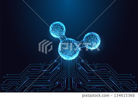 Digital low-poly molecule above circuit board symbolizing science, biotech and innovation, vector 134615368