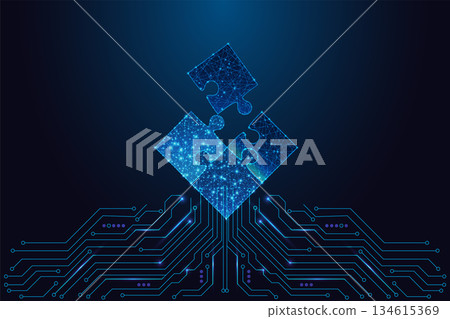 Low-poly digital puzzle pieces above circuit board showing tech solutions and synergy, vector 134615369