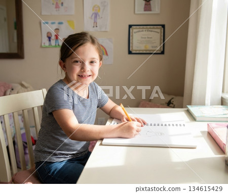 girl smiles as she draws at her desk. She uses a pencil to create on a blank page. The background shows colorful drawings and certificates on the wall. girl smiles as she draws at her desk. She uses a pencil to create on a blank page. The background shows colorful drawings and certificates on the wall. 134615429
