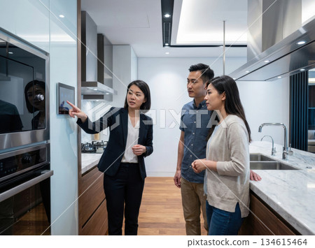 Realtors guide clients through a kitchen discussing appliances and features. The setting is a modern apartment. The clients look engaged and interested. Realtors guide clients through a kitchen discussing appliances and features. The setting is a modern apartment. The clients look engaged and interested. 134615464