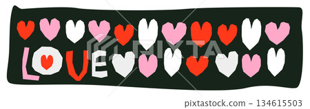 Vector horizontal banner with collage hearts in pink and red on black background, Bold modern text love for Valentine's day, brochure, social media design 134615503
