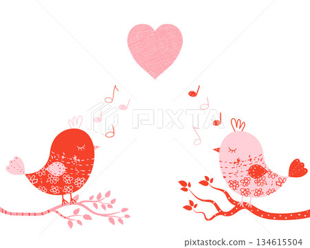 Cute vector greeting card with sweet birds in pink and red colors on tree branches for Valentine's day, wedding invitations and greeting cards Cute vector greeting card with sweet birds in pink and red colors on tree branches for Valentine's day, wedding invitations and greeting cards 134615504