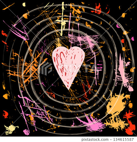 Colorful paint splatters vector poster with pink doodle heart on black with spiral shape, abstract textured background 134615587