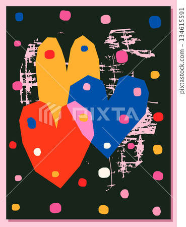 Modern vector geometric greeting card with heart shapes in red, yellow and blue, poster with hearts and dots Modern vector geometric greeting card with heart shapes in red, yellow and blue, poster with hearts and dots 134615591