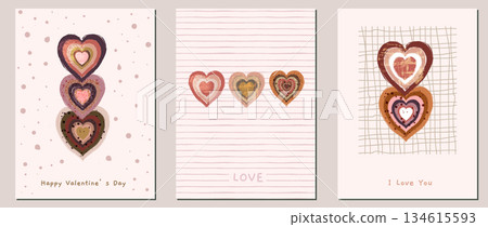 Brown boho hearts greeting cards vector set, romantic distressed grunge designs in earthy warm colors for wedding invitations, greeting cards 134615593