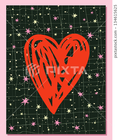 Love vector greeting card, poster with red hand drawn doodle heart with stars for Valentine's Day designs Love vector greeting card, poster with red hand drawn doodle heart with stars for Valentine's Day designs 134615625
