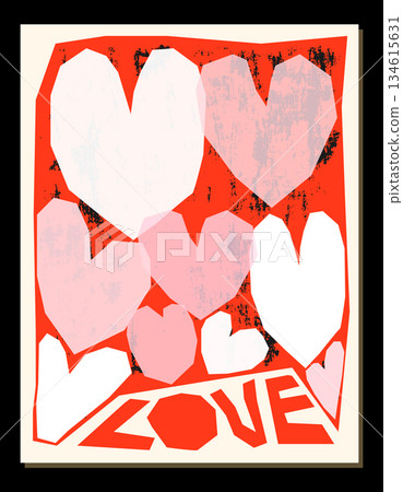 Cute vector greeting card for Valentine's day with collage geometric hearts on grunge textured background for packaging design, art decor 134615631