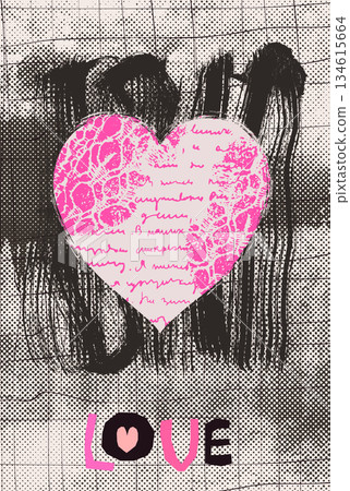 Vector grungy distressed heart with lace and handwriting texture on dark painted plaid background with cut out text Love Vector grungy distressed heart with lace and handwriting texture on dark painted plaid background with cut out text Love 134615664